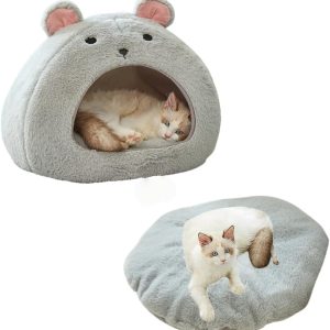 Cat Beds for Indoor Cats - Hamster-Shaped Cat Cave Bed with a Removable and Washable Cushioned Pillow. A Non-Slip Bottom Warm Cave Sleeping Nest Bed for Puppies and Kittens (Light Gray, S：15×15×12in)