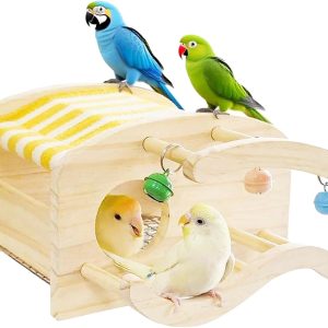 Wooden Bird Nest Parrot Bed with Ladder and Bell - Detachable Bottom Stainless Steel mesh Base, Bird Cage Accessories for Parakeets Cockatiels