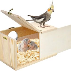 Parakeet Nesting Box Cockatiel Nesting Natural Pine Bird Nest Bird Breeding Box House Acrylic Transparent Bird Box with Detachable Wooden Board for Lovebirds Cockatiel Budgie Conure Parrot L
