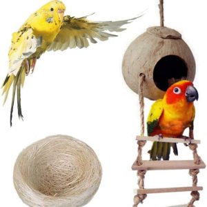 Coconut Bird Nest Hut with Ladder, Coconut Hide Lovebird House Hanging Toy for Budgies Parakeet Cockatiels Conure Canary Finch Pigeon (with Natural Coconut Fiber)