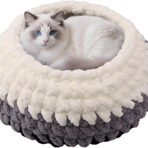 Cat Nest Bed Handwoven Washable Extra Soft Round Cave House Furniture for Indoor Kitten Cloud Black, White&Gray