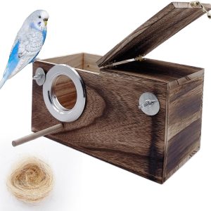 Parrots Nesting Box Parakeet Nest House for Cage Budgie Breeding Hut with Coconut Fiber Bedding Wooden Bird Mating Box for Lovebirds Budgie Conure and Small Medium Parrot Birds