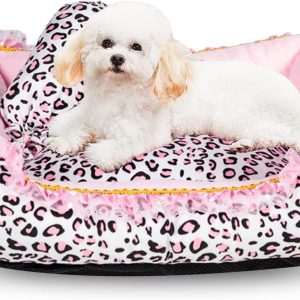 Dog Bed for Small Dogs - Cute Pink Leopard Dog Bed,Cat Beds for Indoor Cats Washable - Square Shape Cat Dog Sofa Bed Pet House Nest Cave(M, 20.8"L x 18"W x 5.5"）