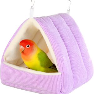 Bird Bed for Cage Winter Warm Bird Bed with Soft Plush Hanging Hammock & Hut Tent, Hideaway Sleeping Nest for Budgies, Parakeets, Cockatiels (Purple, M)