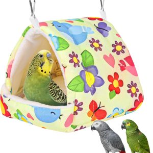 Bird Bed for Cage Warm Winter Nest Hammock with Hanging Hook Cage Accessories for Small Birds Parakeets Cockatiels Love Birds Cockatiels Conures Hamster (Yellow, S)