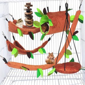 6 Pcs Hamster Hammock Small Animals Hanging Warm Bed House Organic Natural Apple Wood Chewing Stick Rat Cage Nest Accessories Toy Hanging Tunnel and Swing for Sugar Glider Small Hamsters Rat