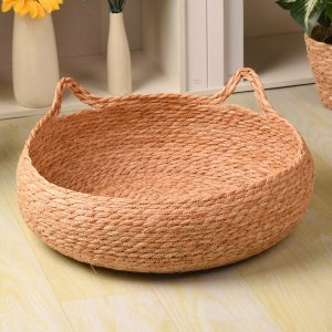 2026 Woven Straw Cat Bed,Round Breathable Woven Basket Cattery,Cat's Ears Shaped Handmade Wicker Pet Bed for Cats & Dogs,Scratch-Proof Scratching Board Pet Nest,Comfortable for All Seasons (S)