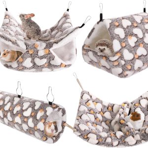 4 Pieces Small Pets Cage Accessories Hanging Hammock Sleeping Bag Tunnel and Bed Hideout Set Warm Sleep Nap Sack Bed for Hamster Ferret Squirrel Rabbit